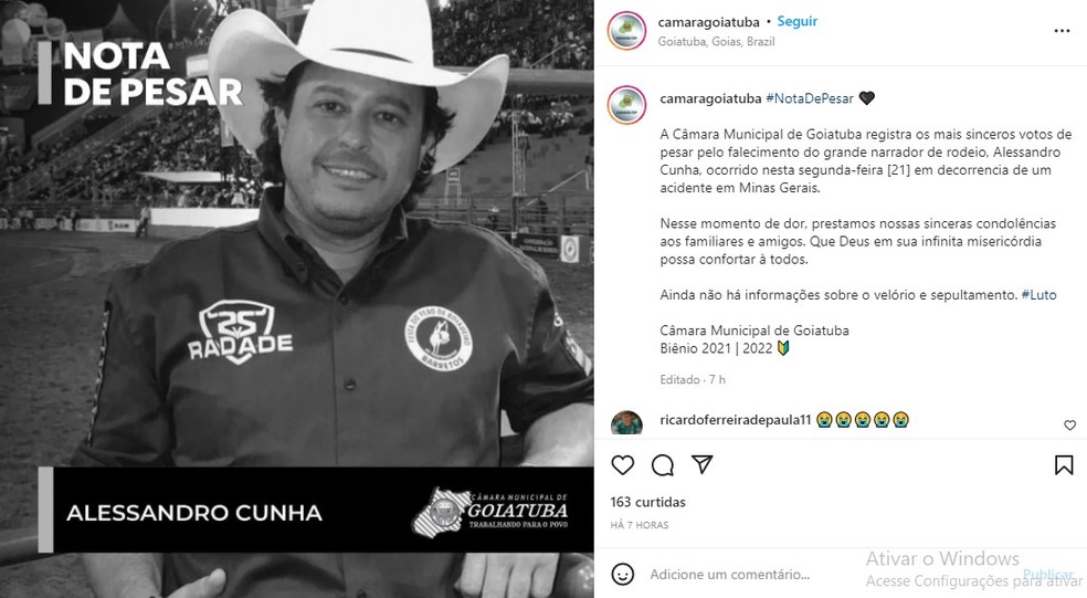 Câmara Municipal de Goiatuba manifesta pesar pela morte de Alessandro Cunha — Foto: Redes Sociais