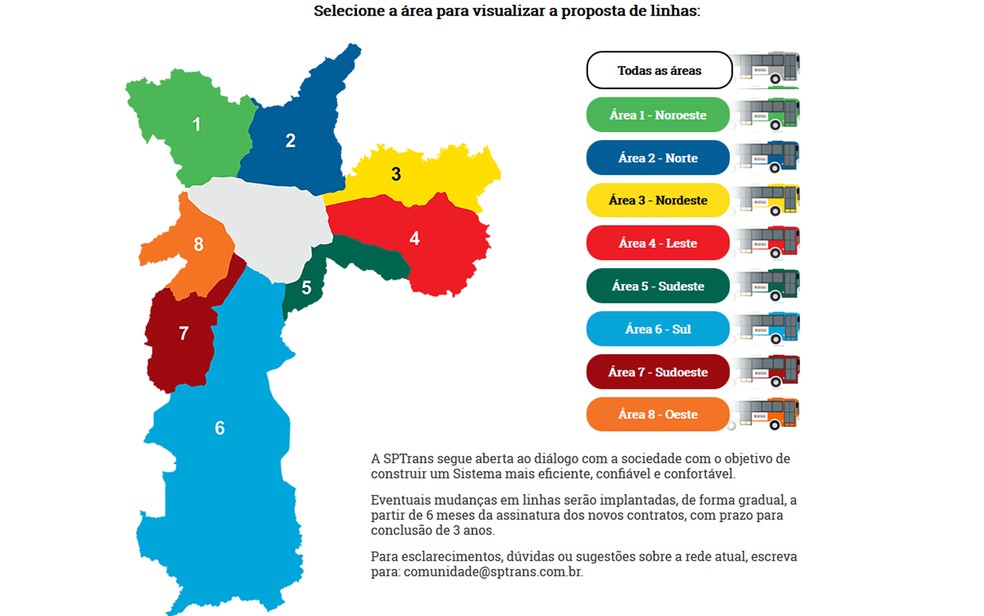Projeto da Prefeitura para distribuição de linhas das linhas de ônibus de SP segundo novo edital (Foto: SPTrans/reprodução)