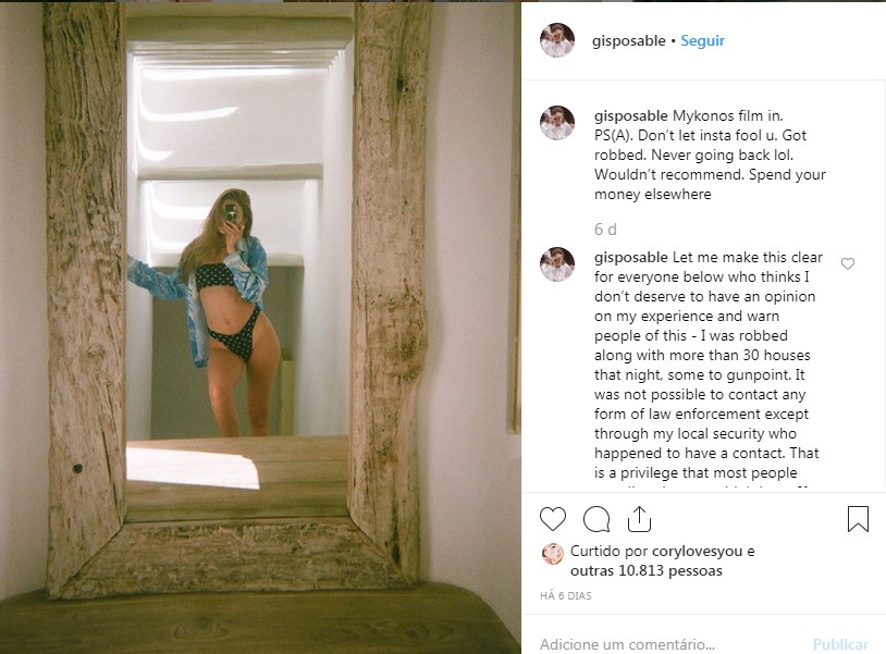 Gigi Hadid sobre roubo na Grécia (Foto: Reprodução/Instagram)