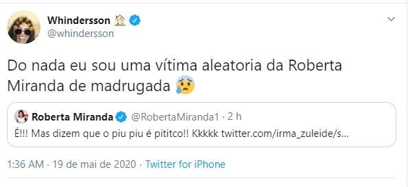 Whindersson responde tweet de Roberta Miranda (Foto: Reprodução/Twitter)
