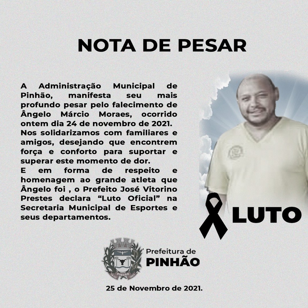 Prefeitura de Pinhão publicou nota de pesar pela morte de Angelo em seu site oficial e definiu luto — Foto: Prefeitura de Pinhão