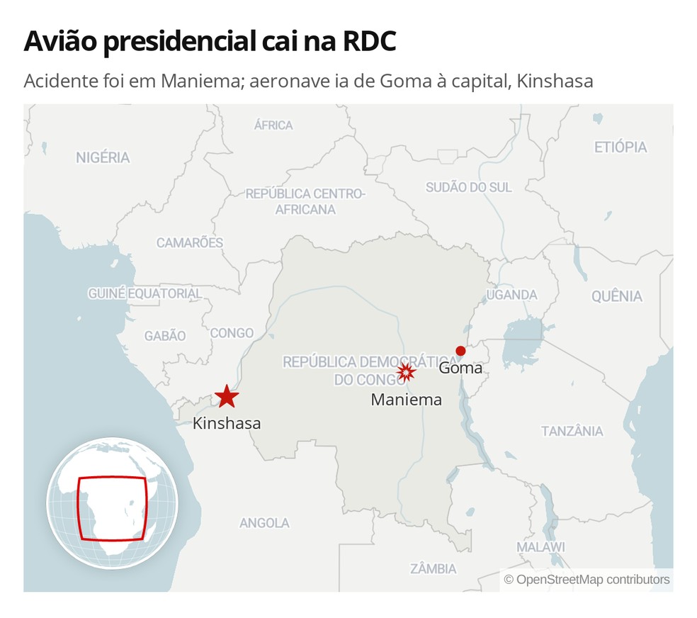 Avião presidencial cai na República Democrática do Congo — Foto: Lara Pinheiro/G1