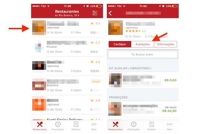 Acessando a tela de avaliações para um restaurante no iFood para iPhone (Foto: Reprodução/Marvin Costa)
