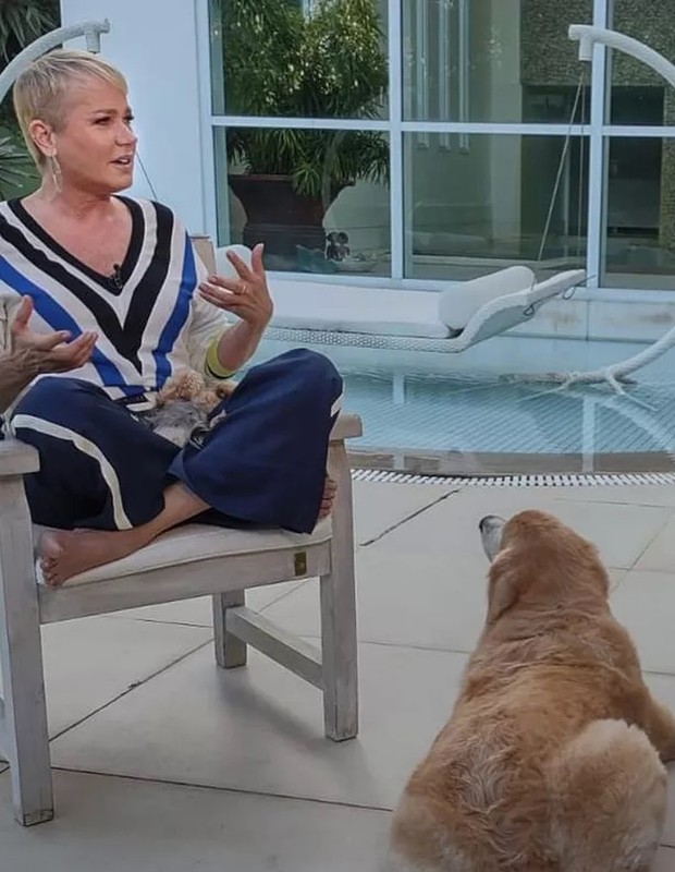 Xuxa com pets na área externa da casa (Foto: Reprodução/TV Globo)