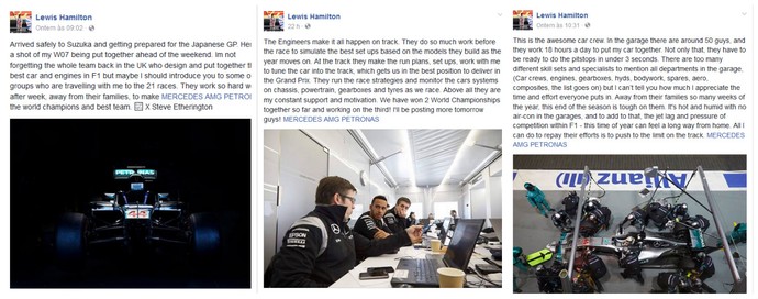 Série de posts de Lewis Hamilton no facebook sobre Mercedes (Foto: Reprodução)