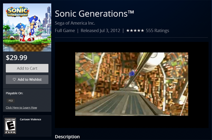 Página de Sonic Generations na PS Store (Foto: Reprodução/André Mello)