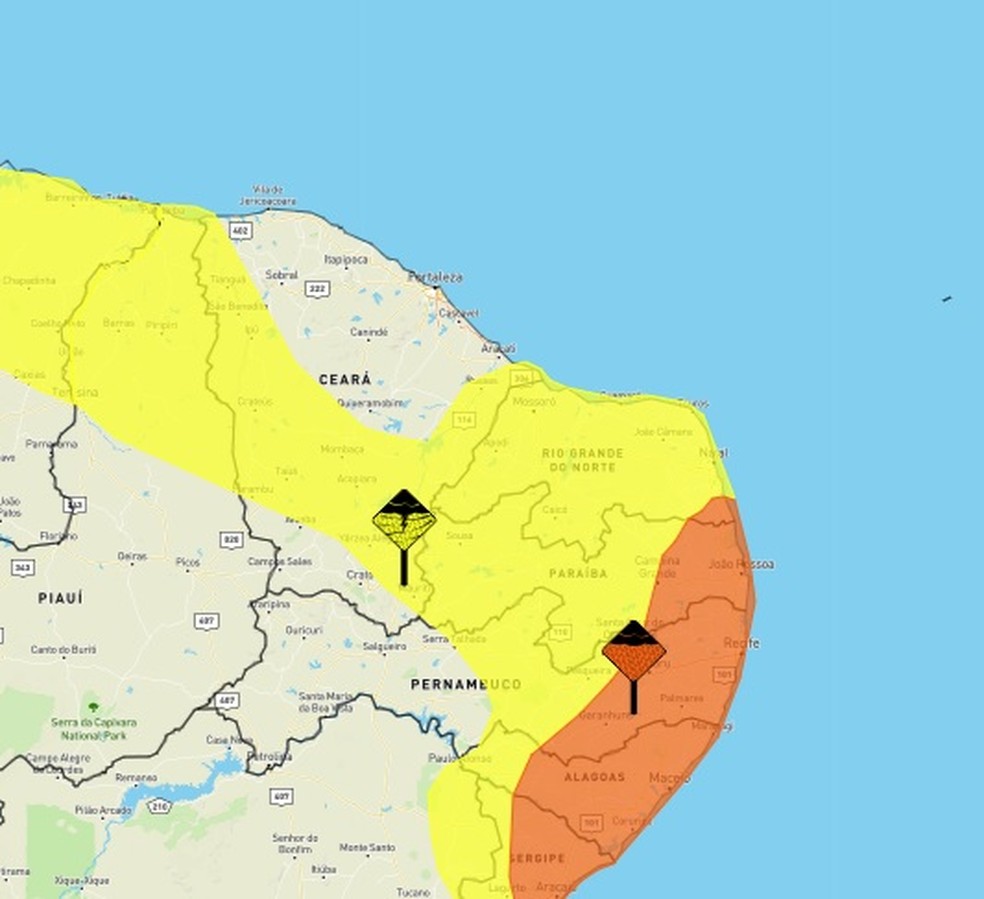 Mapa mostra que alertas do Inmet atingem todas as cidades do RN &mdash; Foto: Divulga&ccedil;&atilde;o/Inmet