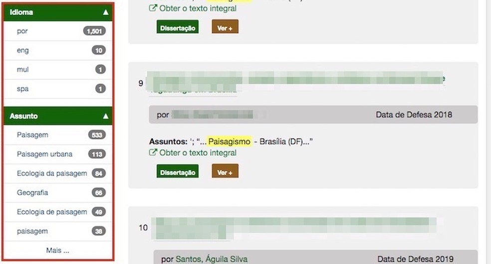 Ação para filtrar resultados por idioma e assunto na busca por publicações da Biblioteca de Teses e Dissertações — Foto: Reprodução/Marvin Costa