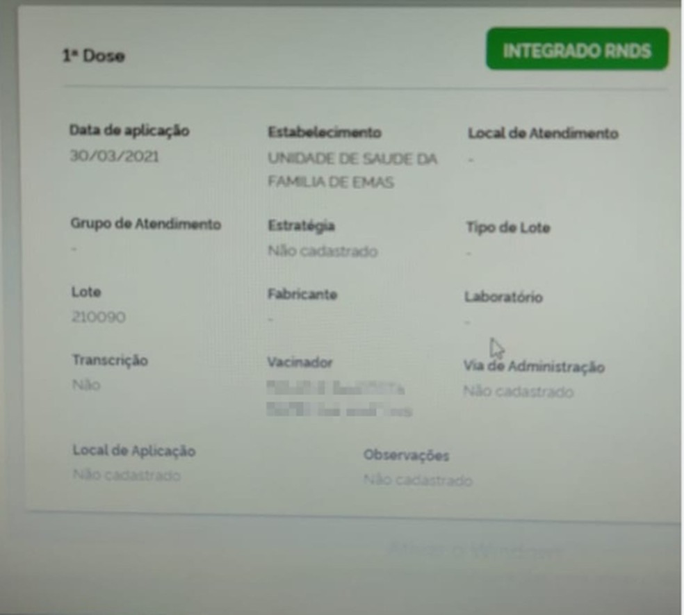 Sistema e-SUS indica que Maria já tomou vacina — Foto: Reprodução