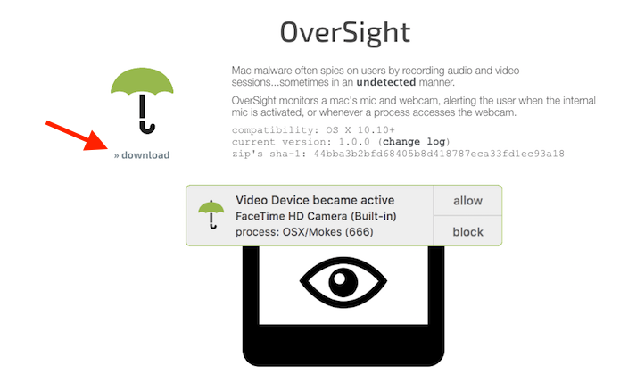 Opção de download na página da web do software OverSight que bloqueia tentativas de acesso à webcam do Mac (Foto: Reprodução/Marvin Costa)