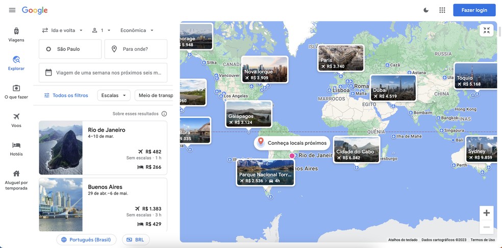 Na seção "Explorar" do Google Flights, o usuário tem opções de diferentes destinos — Foto: Reprodução/Guilherme Ramos