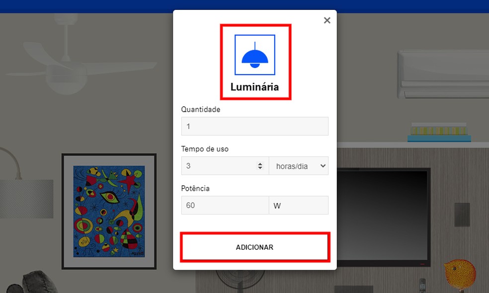 Usuário deve adicionar todos os aparelhos existentes no ambiente no simulador de consumo de energia elétrica da Enel — Foto: Reprodução/Rodrigo Fernandes