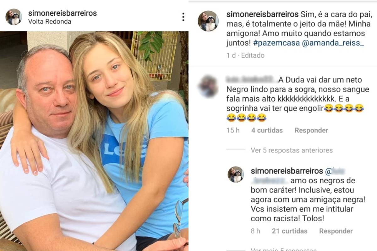 Simone Barreiros, mãe de Duda Reis, posta foto do marido, Luiz Fernando Barreiros com a filha caçula, Amanda, e rebate comentário de que é racista (Foto: Reprodução/Instagram)