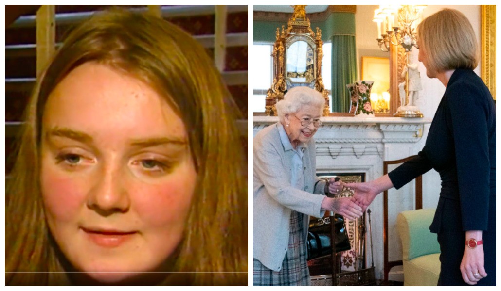 O vídeo viral com Liz Truss aos 19 anos veio à público após o primeiro encontro dela com a Rainha Elizabeth II (Foto: Twitter/Getty Images)