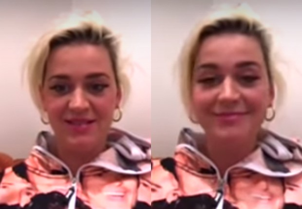Katy Perry usa moletom estampado com rosto de Orlando Bloom (Foto: Reprodução/YouTube)