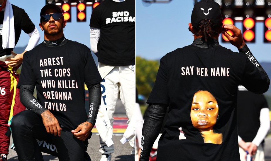 Lewis Hamilton protesta contra o assassinato de Breonna Taylor, morta por policiais nos EUA, em 2020