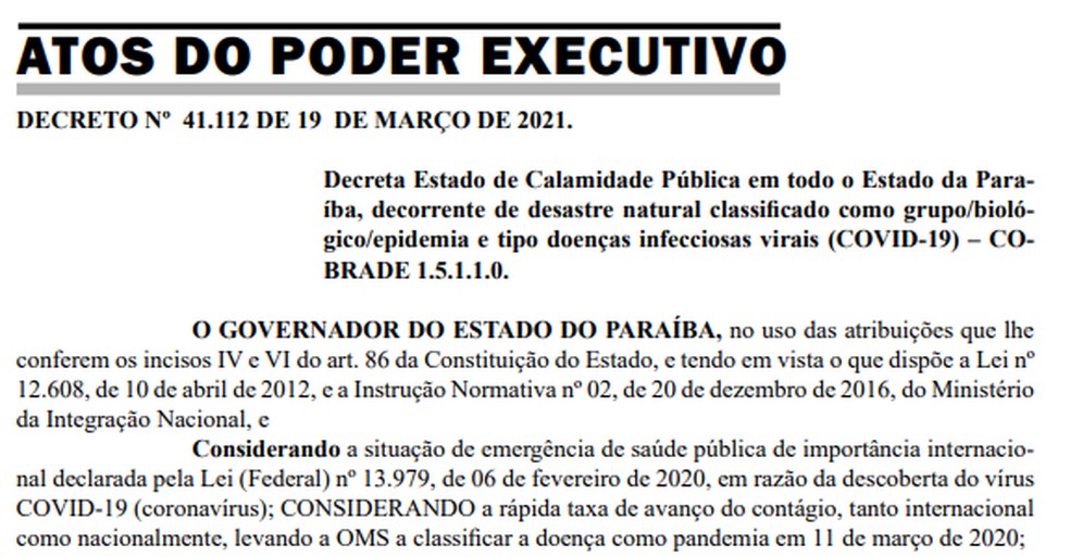 Governo da Paraíba renova decreto de calamidade por causa da pandemia — Foto: Reprodução/Diário Oficial do Estado