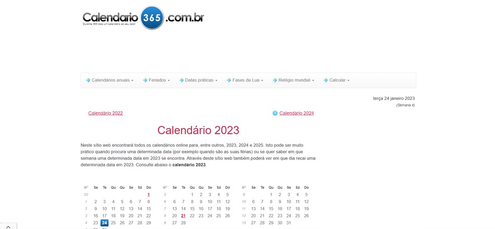 Calendário 365 grifa os feriados em vermelho e lista ao final da página — Foto: Reprodução/Caroline Silvestre