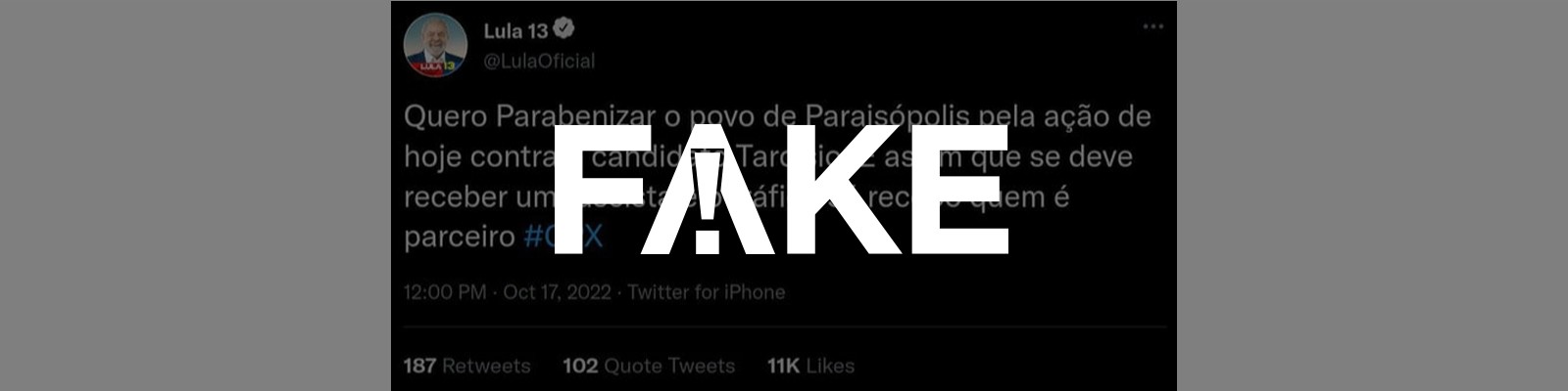 É #FAKE print de Twitter em que Lula parabeniza moradores de Paraisópolis por ação contra Tarcísio de Freitas
