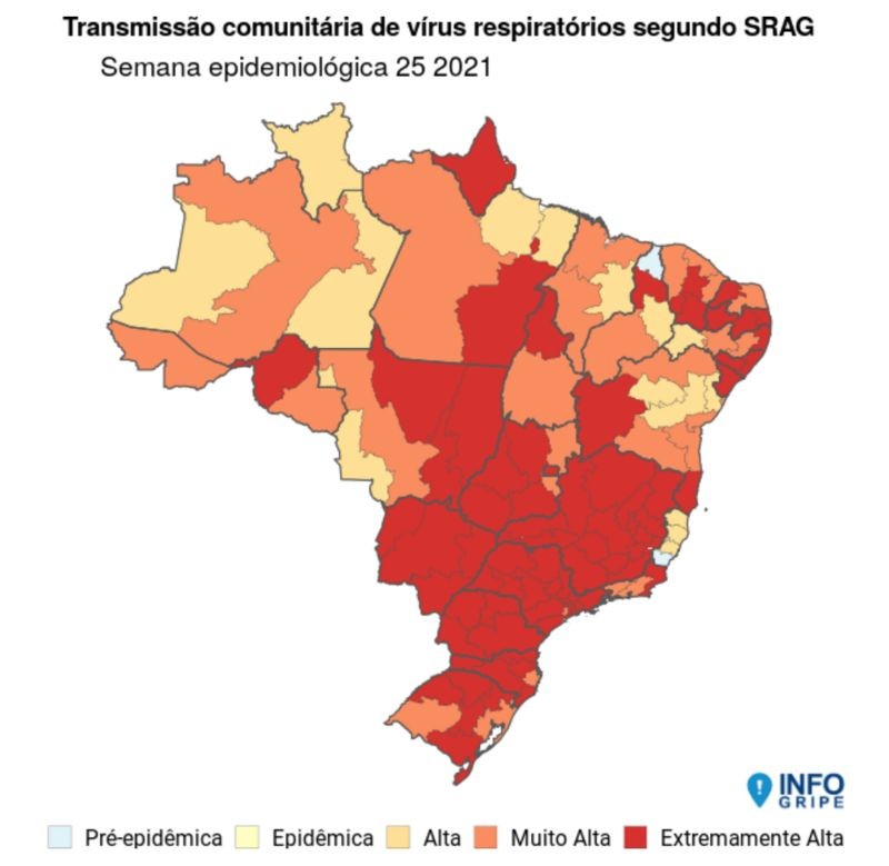 Mapa do Boletim InfoGripe, da FioCruz, revela que transmissão comunitária de vírus respiratórios segue extremamente alta em boa parte do país (Foto: BOLETIM INFOGRIPE/FIOCRUZ/DIVULGAÇÃO)