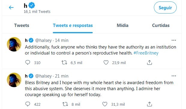 Halsey apoia Britney Spears (Foto: Reprodução/Twitter)