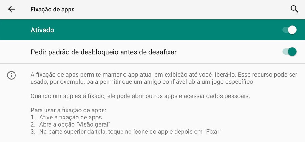 Configuração da 'Fixação de app' no Android. Recursos bloqueia o aplicativo em uso e bloqueia a tela caso o app seja fechado — Foto: Reprodução
