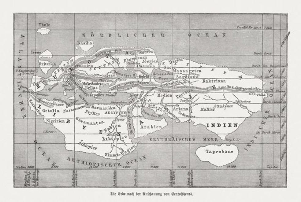 Mapa-múndi segundo Eratóstenes de Cirene — Foto: GETTY IMAGES