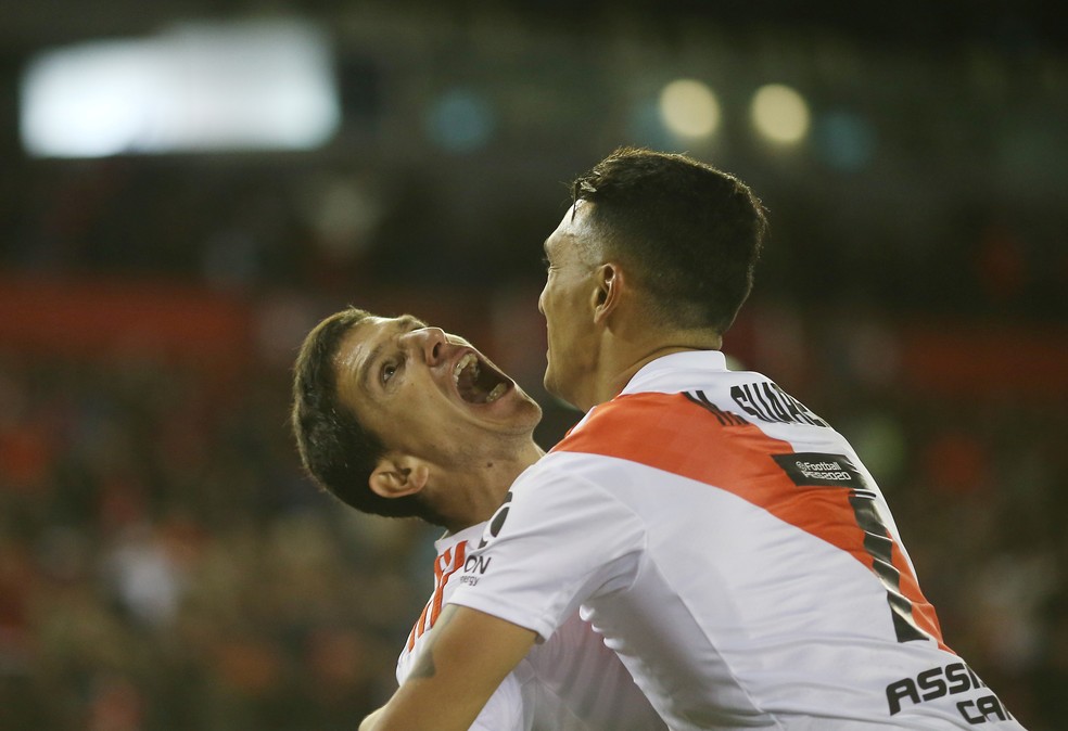 Nacho Fern�ndez comemora gol do River Plate diante do Boca Juniors, na Libertadores � Foto: Agustin Marcarian/Reuters