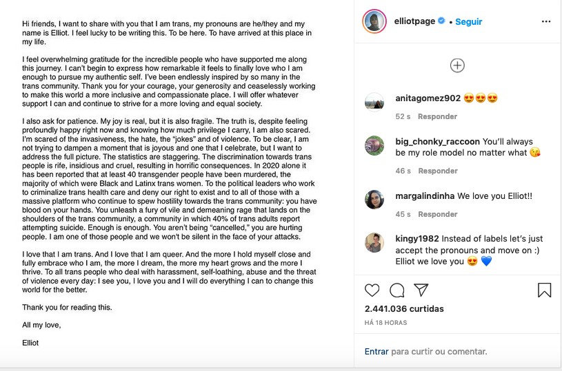 O post do ator Elliot Page anunciando ser um homem transgênero (Foto: Instagram)