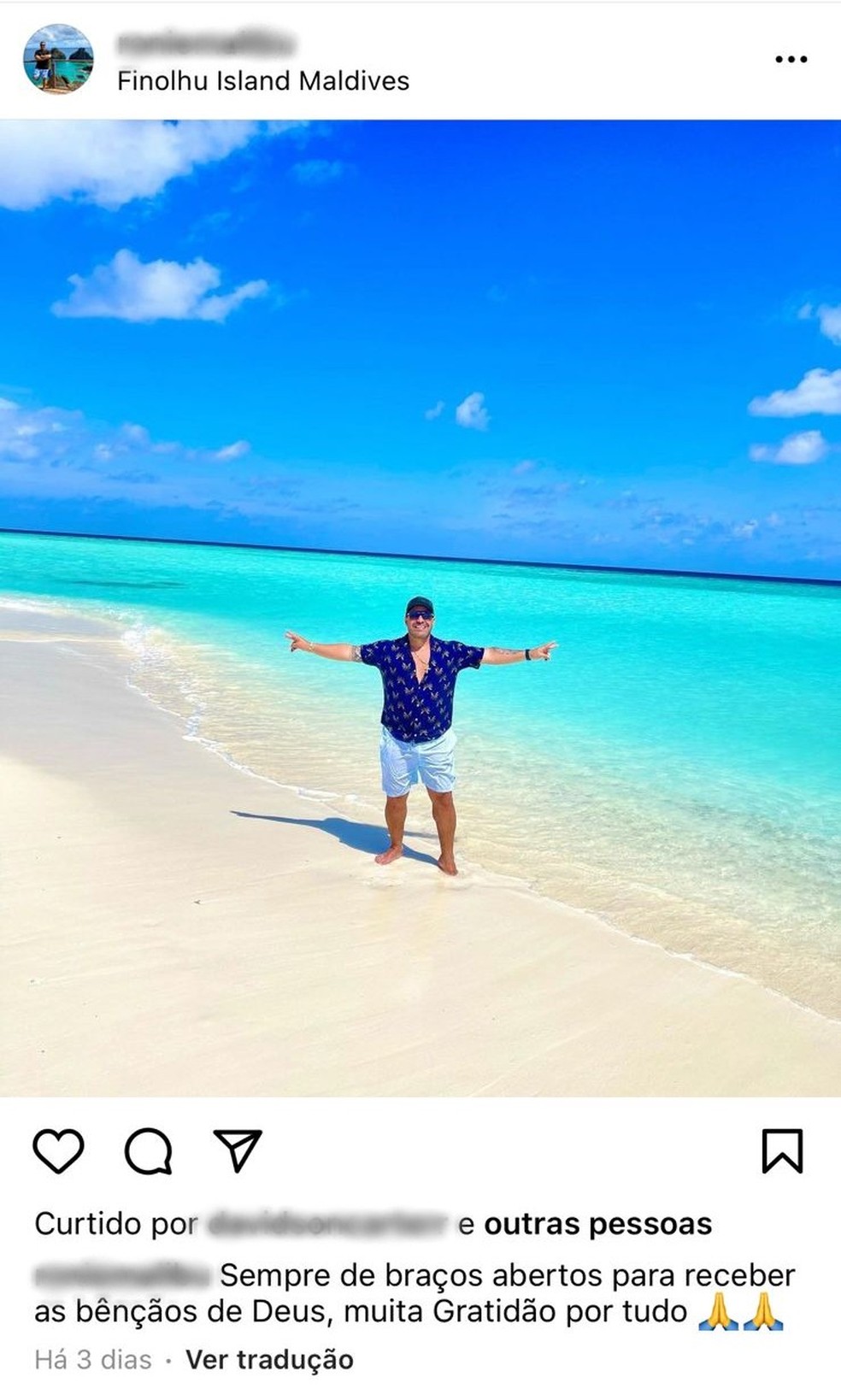 Ronie Peter publicou foto nas Ilhas Maldivas há dois dias — Foto: Instagram/Reprodução