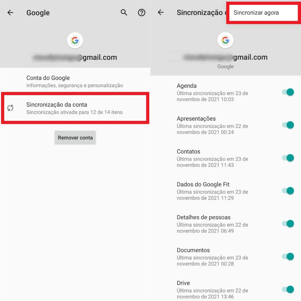 Toque sobre "Sincronização da conta" para sincronizar os dados da conta manualmente — Foto: Reprodução/Clara Fabro