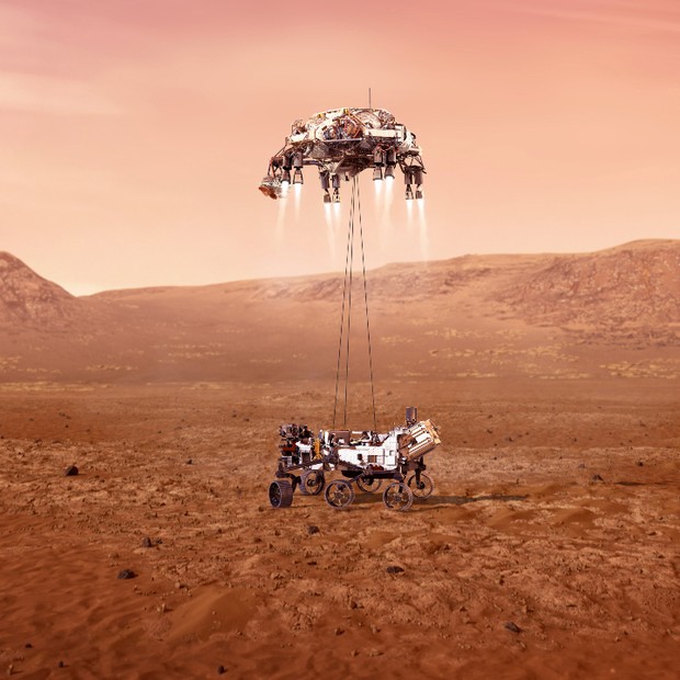 A sonda Perseverance em sua chegada em Marte (Foto: Divulgação / Nasa)