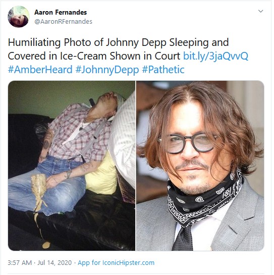Foto de Johnny Depp coberto de sorvete divulgada pela ex Amber Heard em julgamento (Foto: Twitter)