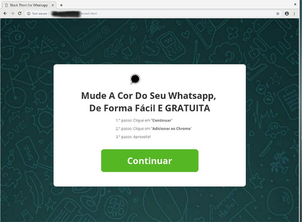 Mensagem em português após acessar o link divulgado no WhatsApp. — Foto:  Divulgação/Eset