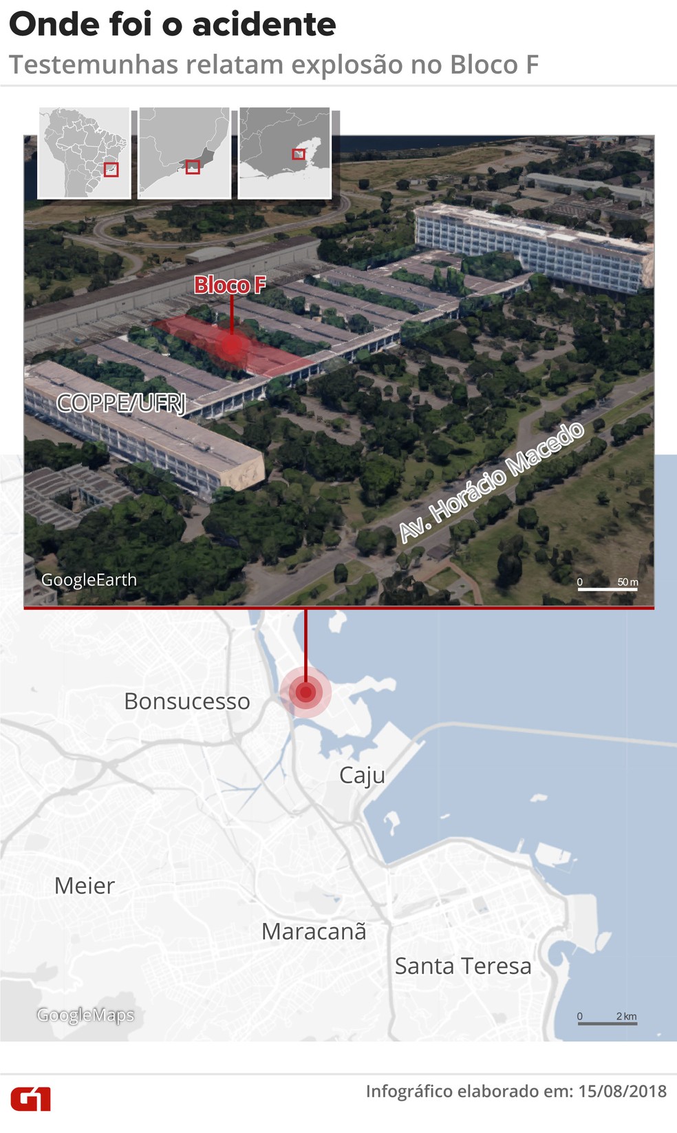 Mapa localiza o bloco do laboratÃ³rio do acidente na Coppe, na Ilha do FundÃ£o (Foto: Claudia Ferreira/G1)