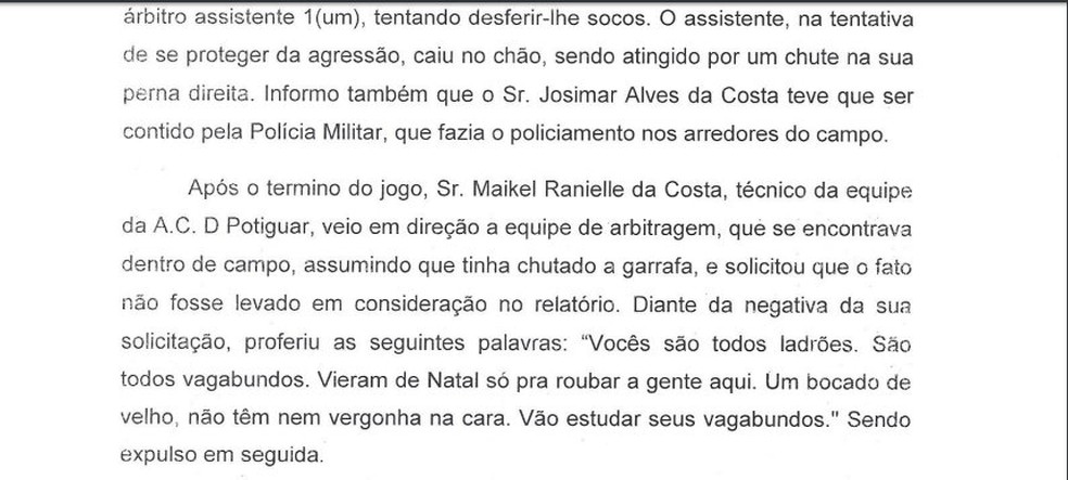 Trecho da sÃºmula de Potiguar de MossorÃ³ x Globo que evidencia xingamentos do tÃ©cnico interino do Alvirrubro (Foto: ReproduÃ§Ã£o)