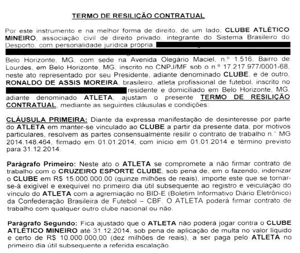 Rescisão contratual entre Atlético-MG e Ronaldinho — Foto: Reprodução
