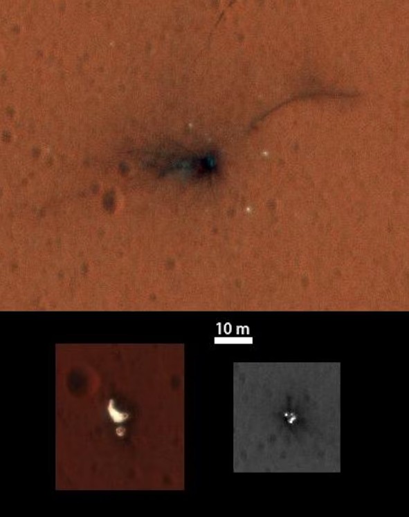 A sonda Schiaparelli da Agência Espacial Europeia caiu na superfície de Marte em 2016, como visto nestas fotos do local do acidente capturadas pelo Mars Reconnaissance Orbiter da NASA (Foto: Reprodução/NASA/JPL-Caltech/Univ. do Arizona)