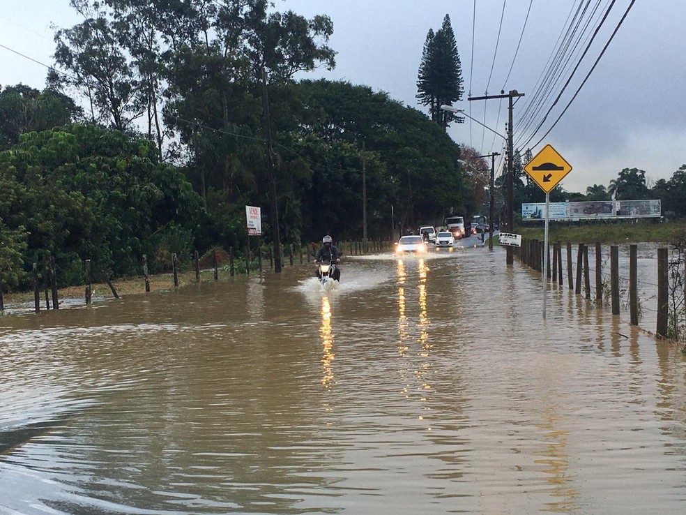 Rio Forquilhas, em São José, na Grande Florianópolis, transbordou na manhã desta quarta-feira — Foto: Ana Vaz/ NSC TV