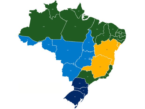 Estados em verde já concluíram adoção do 9º dígito; BA, MG e SE, em amarelo, estão em transição; azul marca estados que adotam dígito adicional em 2016 (Foto: Anatel/Reprodução)