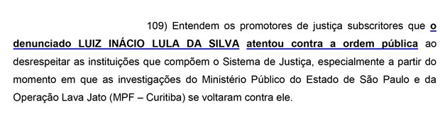 Trecho da denúncia do Ministério Público de São Paulo que pede a prisão de Luiz Inácio Lula da Silva (Foto: Reprodução)