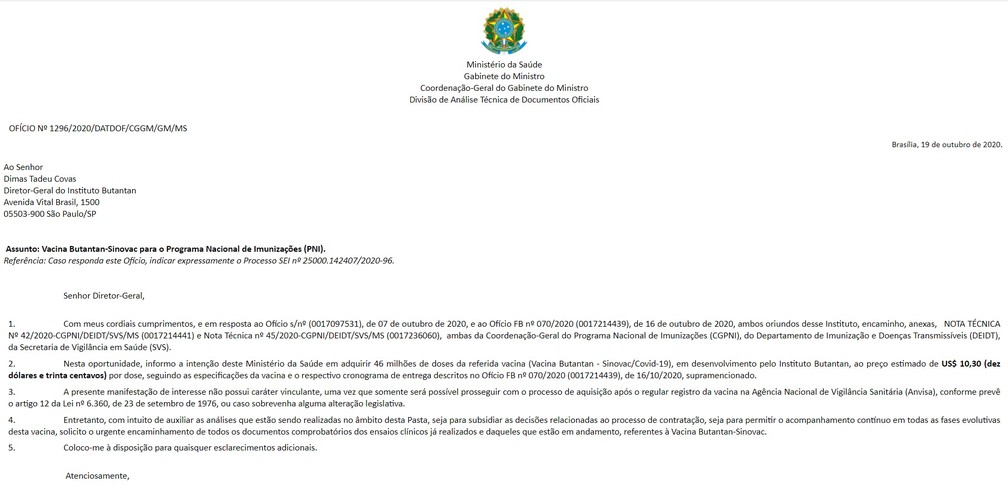 Documento De Dois Dias Atras Manifesta Intencao De Comprar A Vacina Leia Integra Bem Estar G1