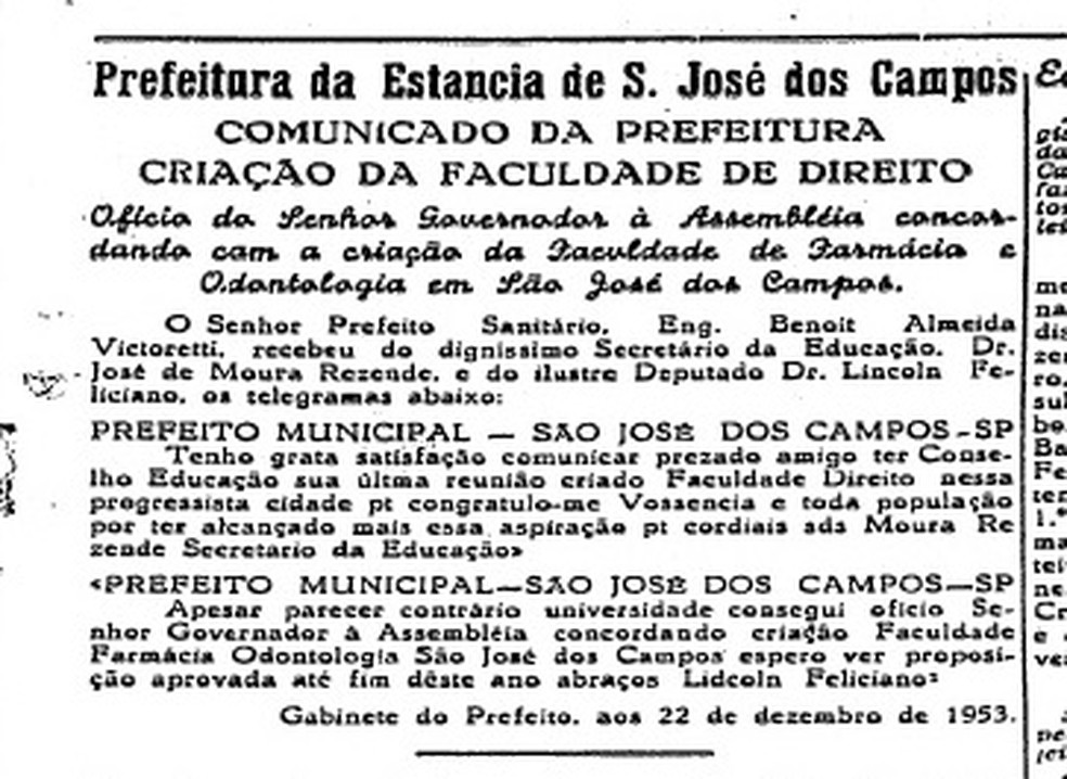 Anúncio da faculdade de Direito, a primeira de São José dos Campos — Foto: Reprodução