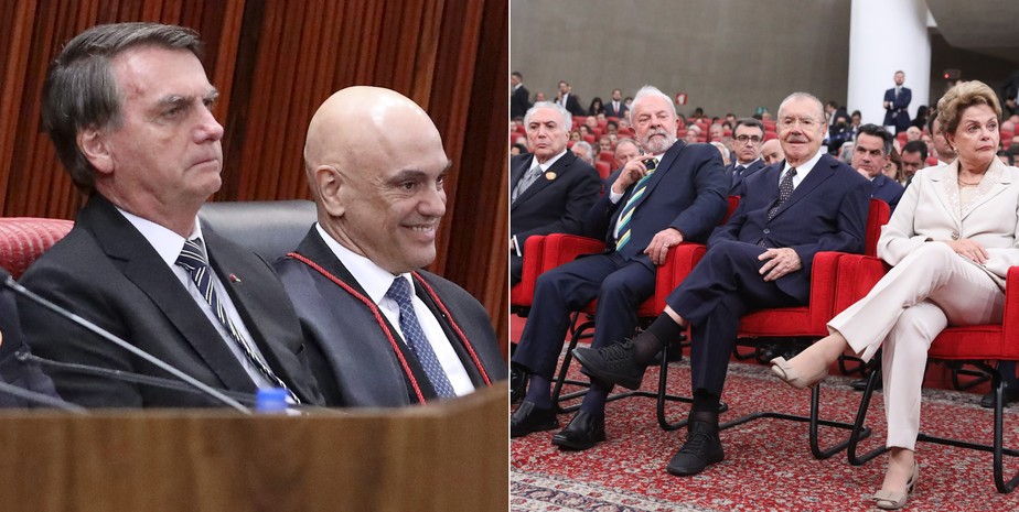 Bolsonaro e Moraes lado a lado, e a fileira dos ex-presidentes: Temer, Lula, Sarney e Dilma