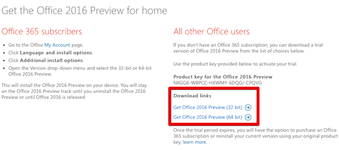 Links de download do Office 2016 Preview (Foto: Reprodução/Helito Bijora)