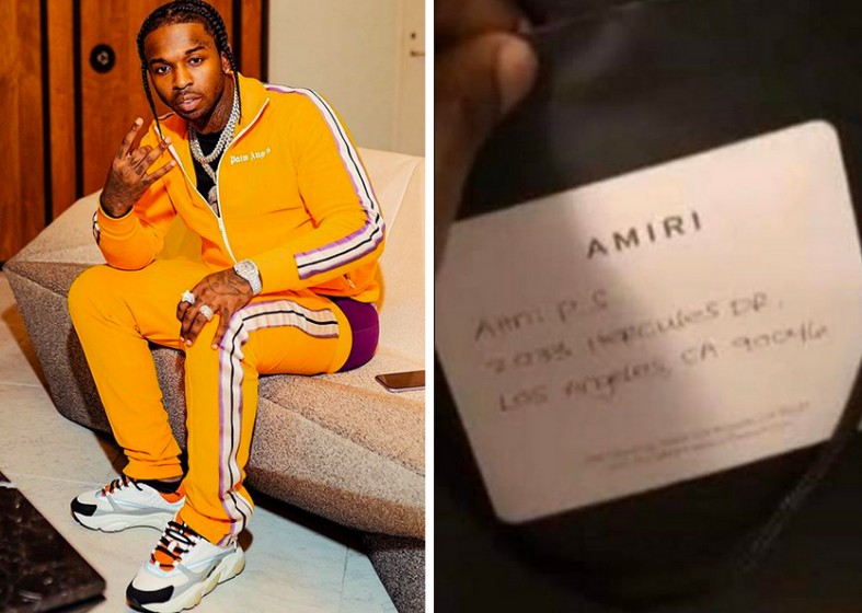 O rapper Pop Smoke (1999-2020) e a mala com a etiqueta revelando seu endereço (Foto: Instagram)