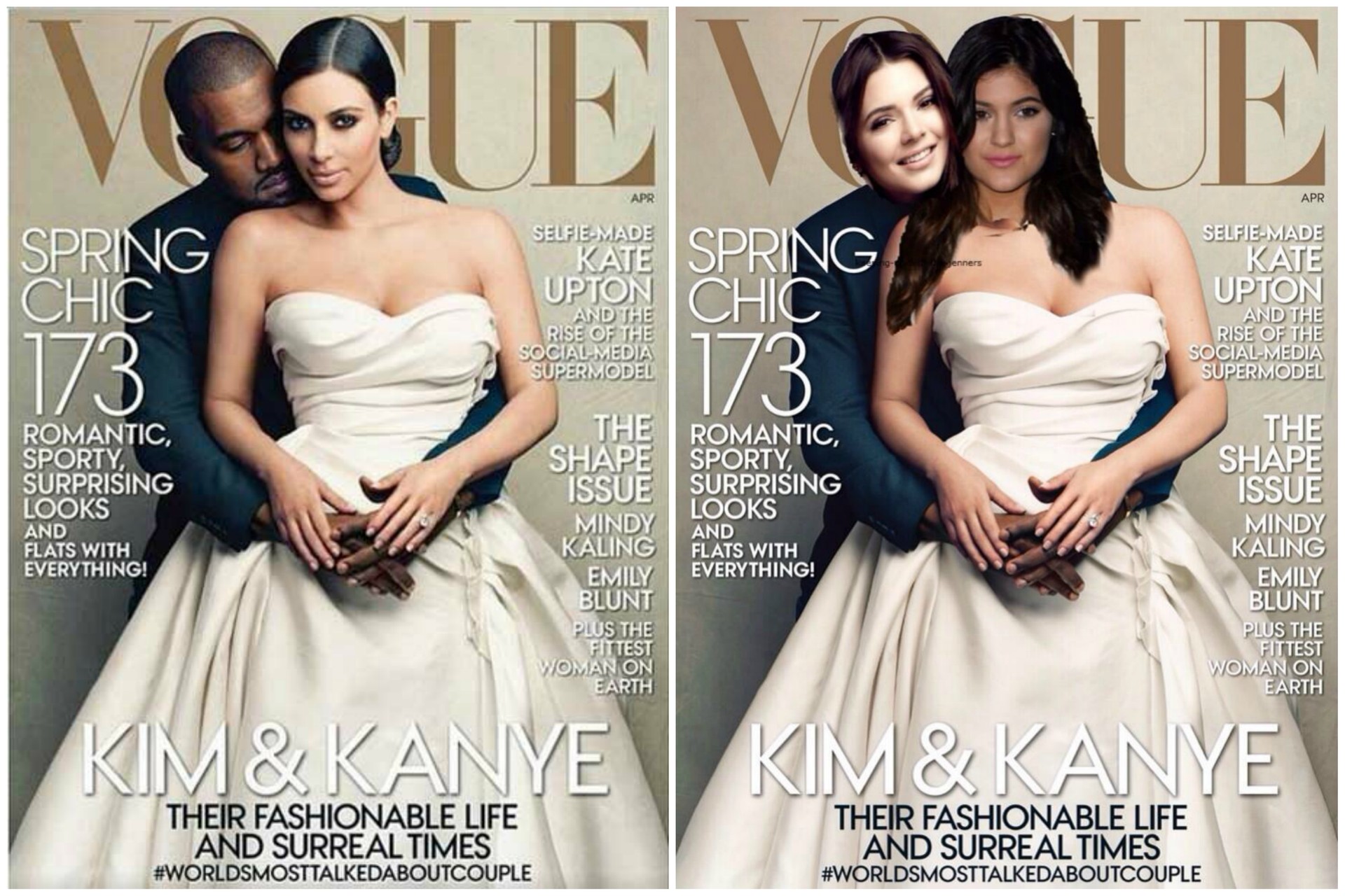 Capa da 'Vogue' com Kim Kardashian (à esq.) e sátira publicada por Kylie Jenner. (Foto: Divulgação e Twitter)