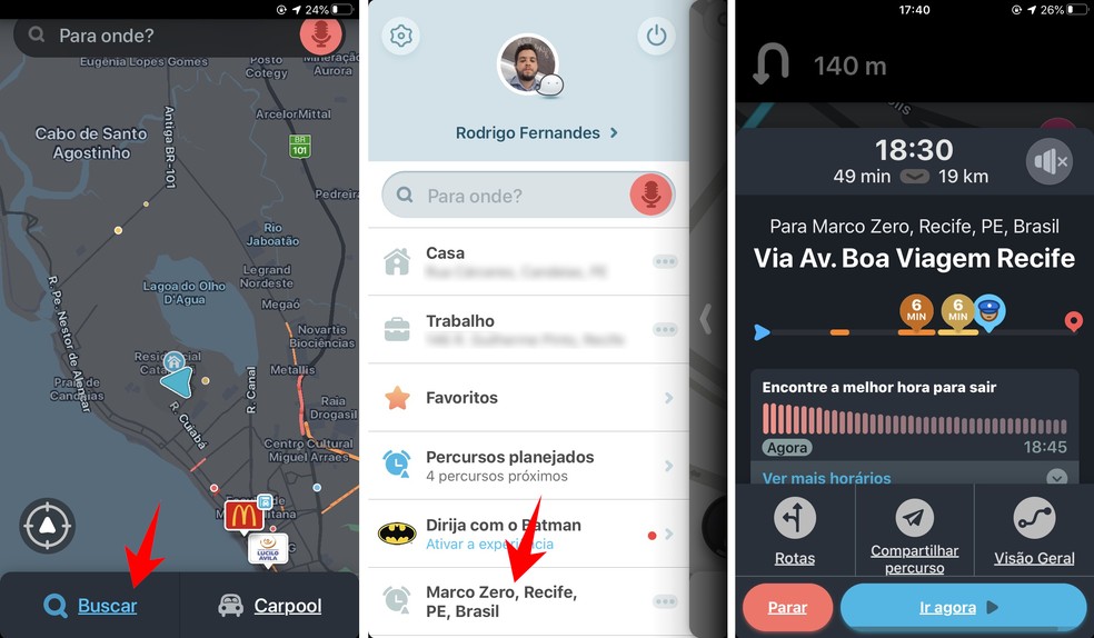 Waze recebe no celular as rotas enviadas pelo PC — Foto: Reprodução/Rodrigo Fernandes