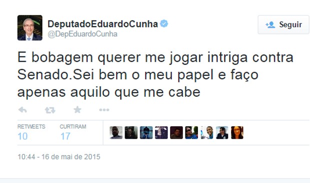 Eduardo Cunha postou mensagens em sua conta no Twitter (Foto: (Reprodução/Twitter))