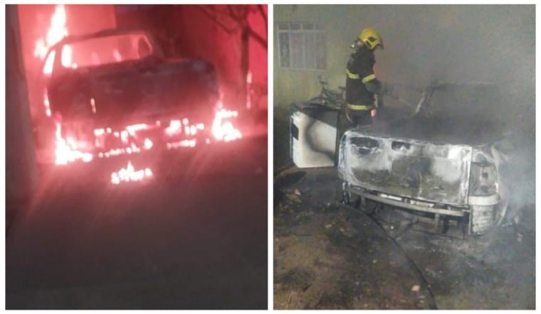 Carro estacionado na garagem de casa, em Januária, fica totalmente destruído após incêndio